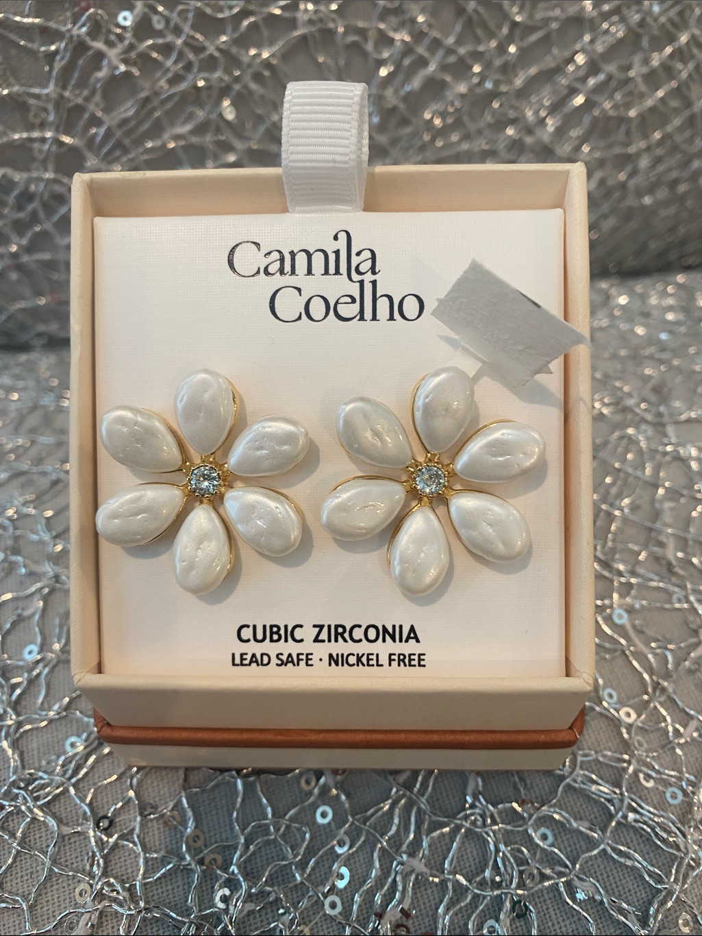 Camila Coelho White & Gold Floral Cubic Zirconia Stud Earrings
